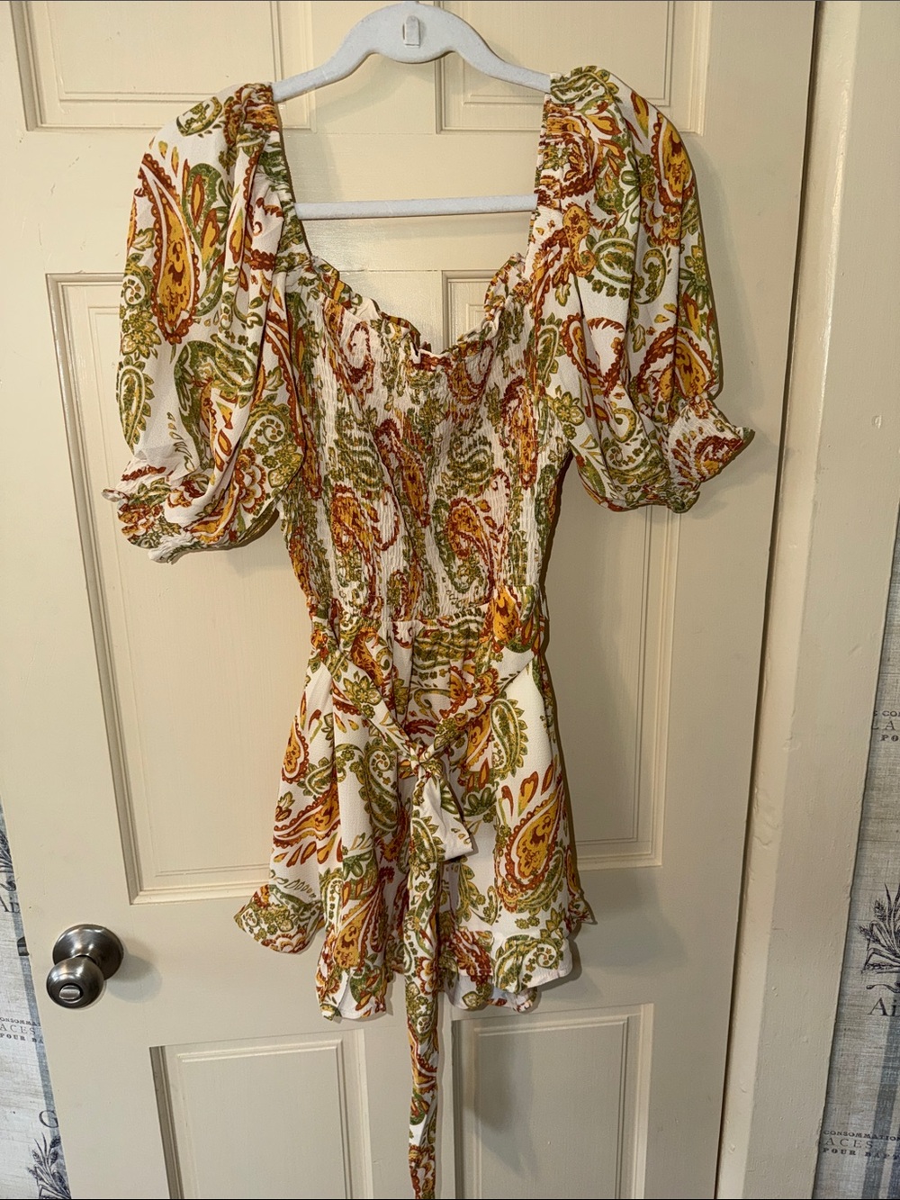 Flying Tomato White Paisley Smocked Mini Romper with Olive & Mustard Print